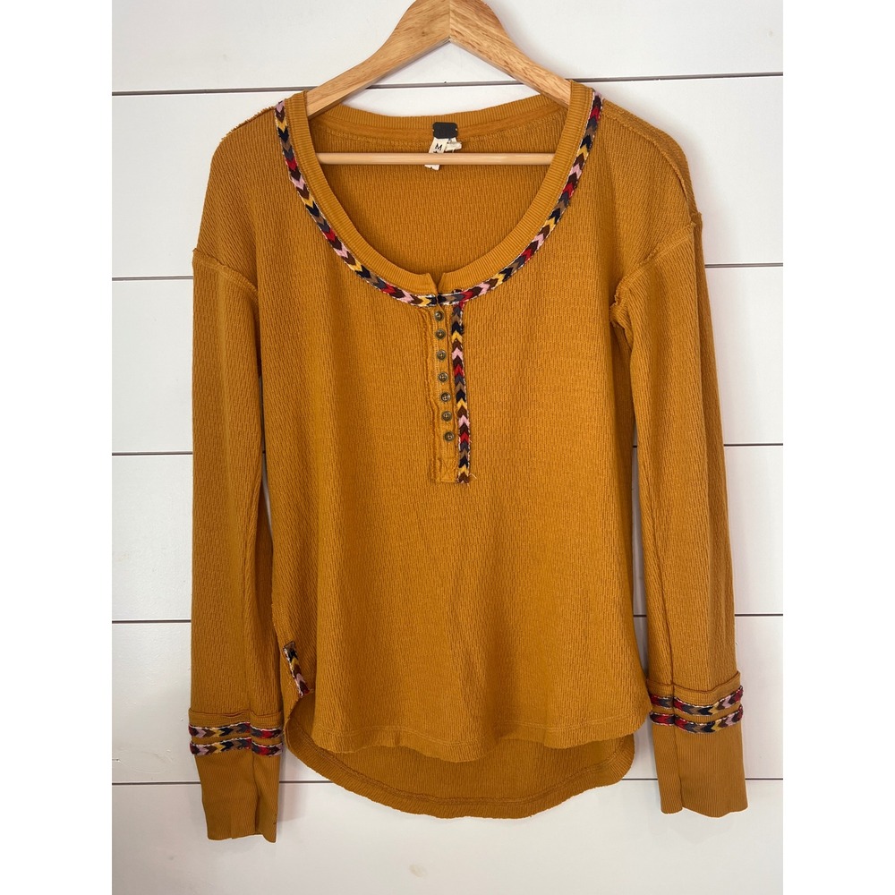 We The Free Free People Mustard Yellow Thermal Henley Top Boho Medium